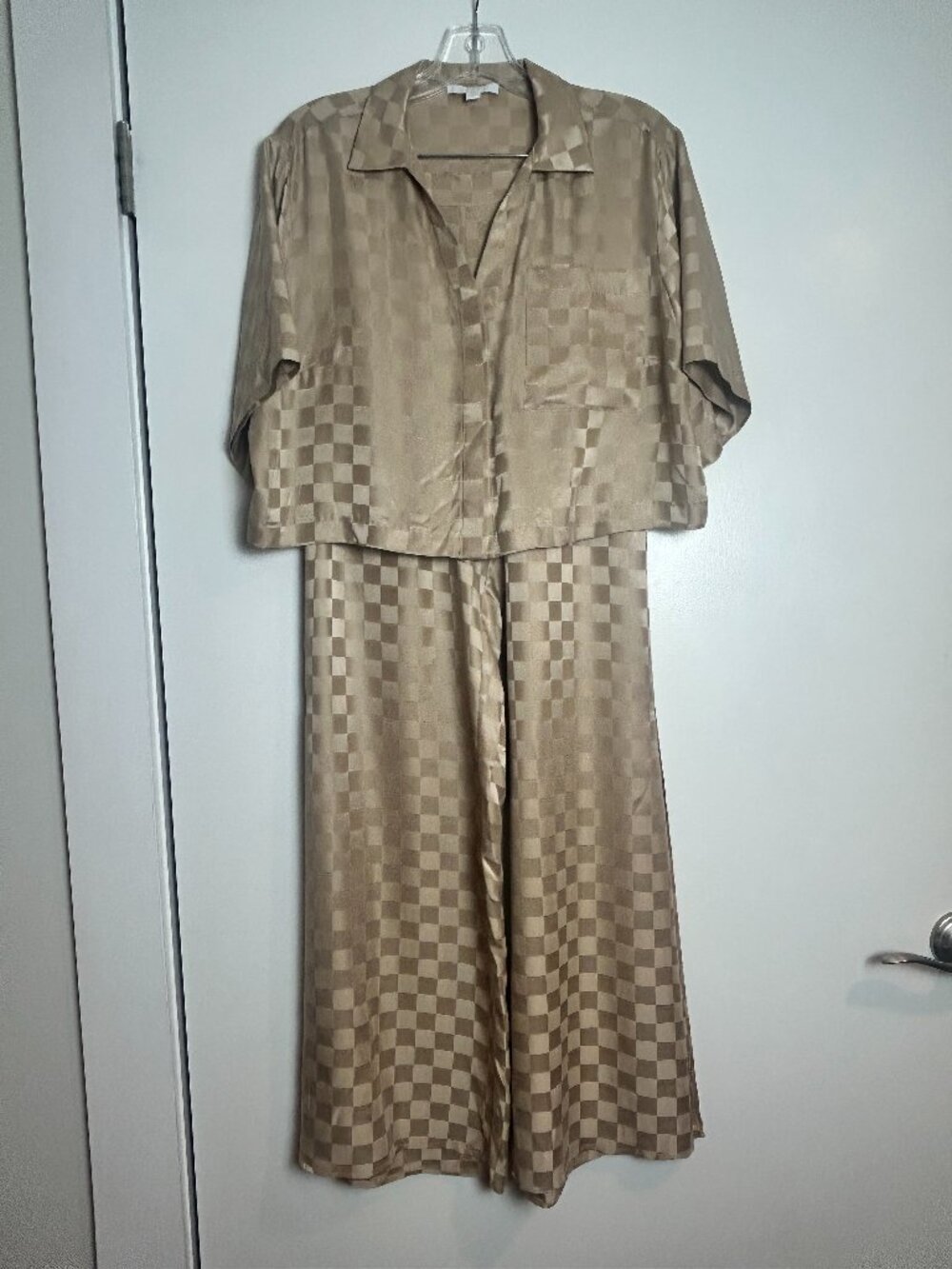 Lunya Washable Mulberry Silk Pajama Set XS Beige Tonal Checkered Jacquard NWOT